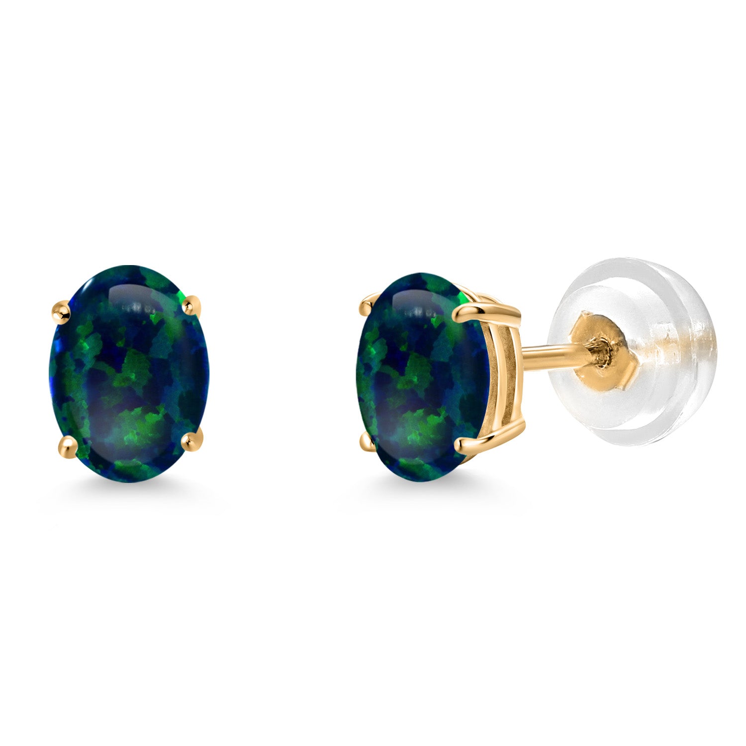 Green Simulated Opal-Cabochon - October_Earrings in 14K Yellow Gold