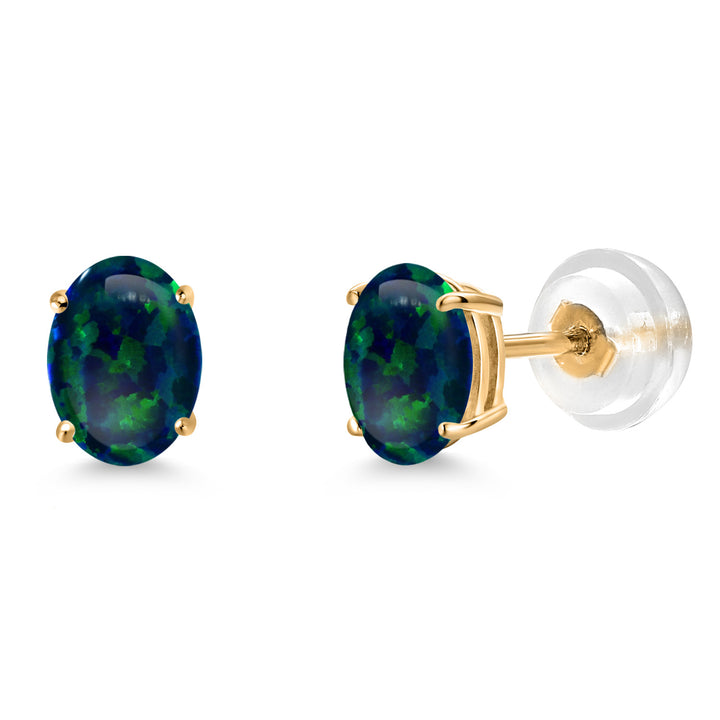 Green Simulated Opal-Cabochon - October_Earrings in 14K Yellow Gold