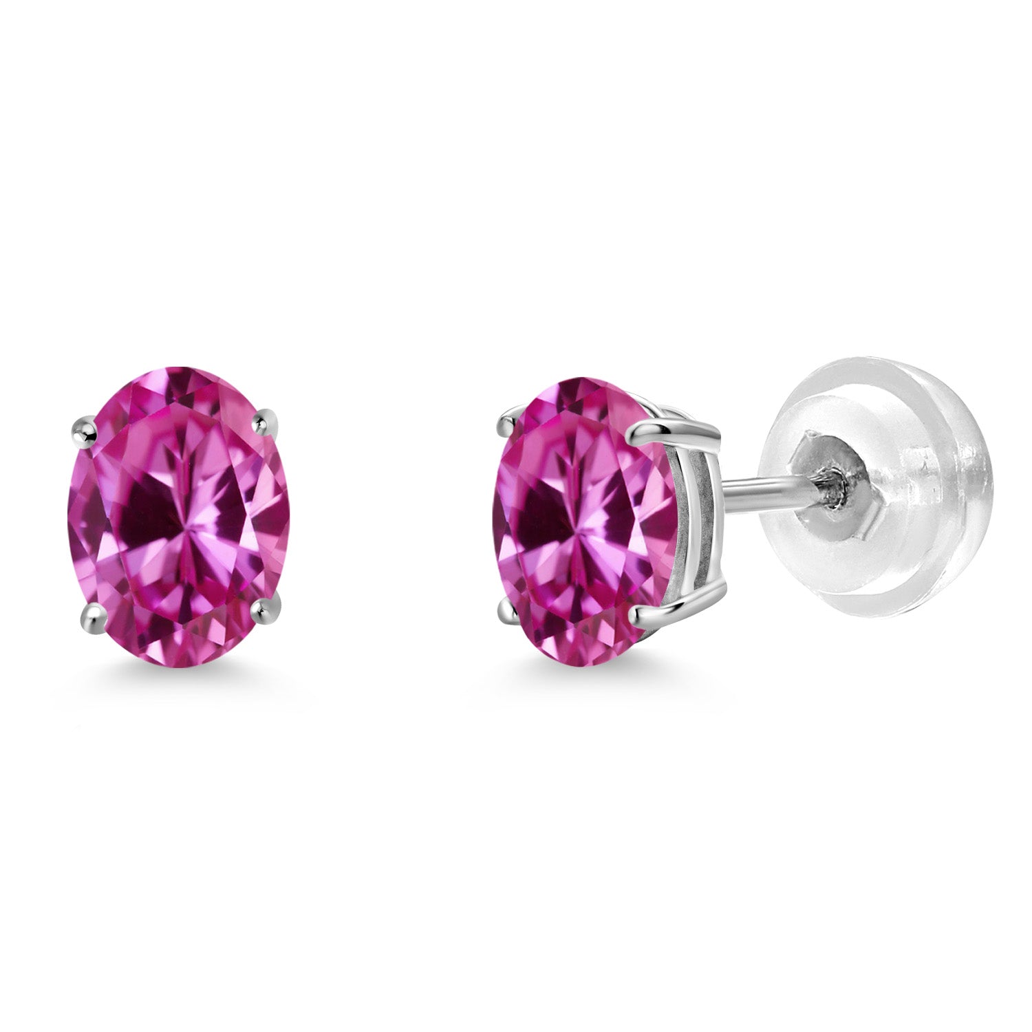 Pink Created Sapphire - September_Earrings in 14K White Gold