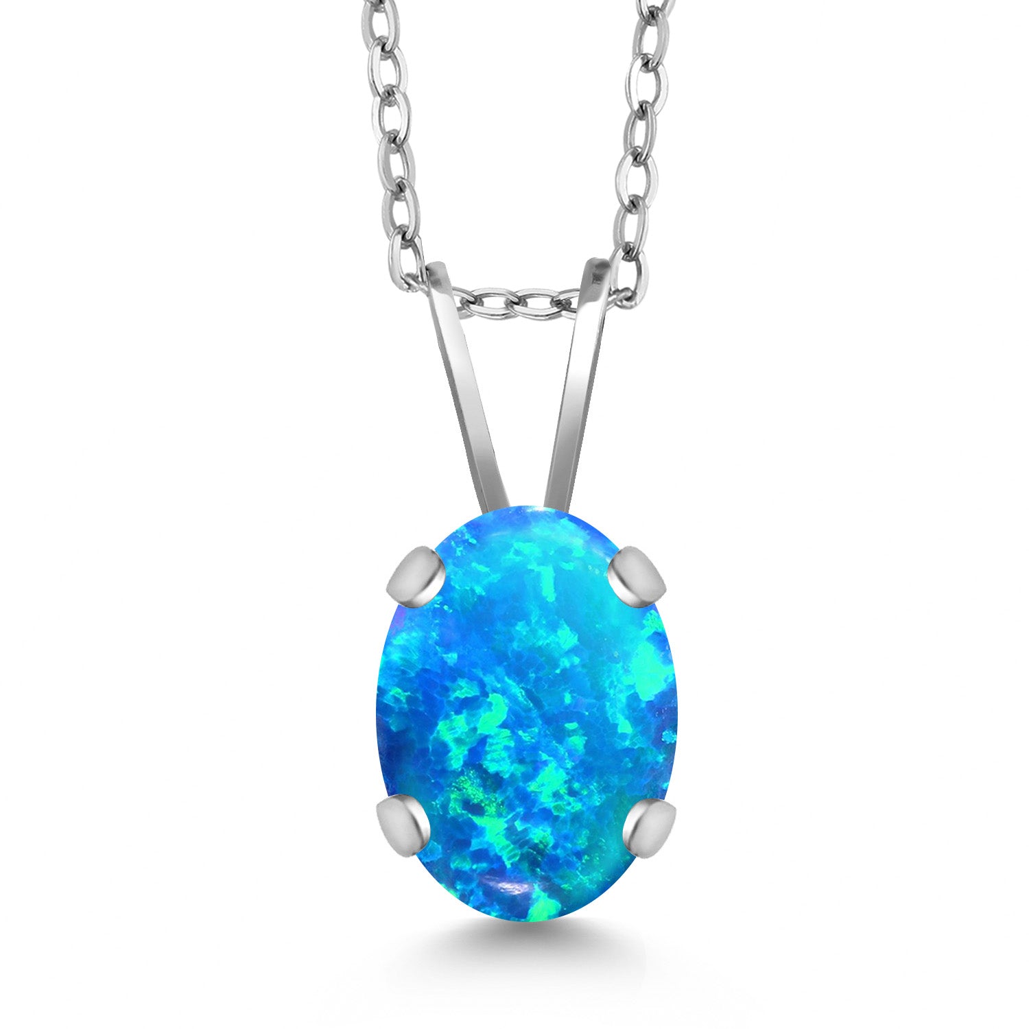 Blue Simulated Opal-Cabochon - October_Necklace in 14K White Gold