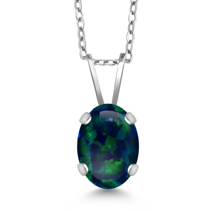 Green Simulated Opal-Cabochon - October_Necklace in 14K White Gold