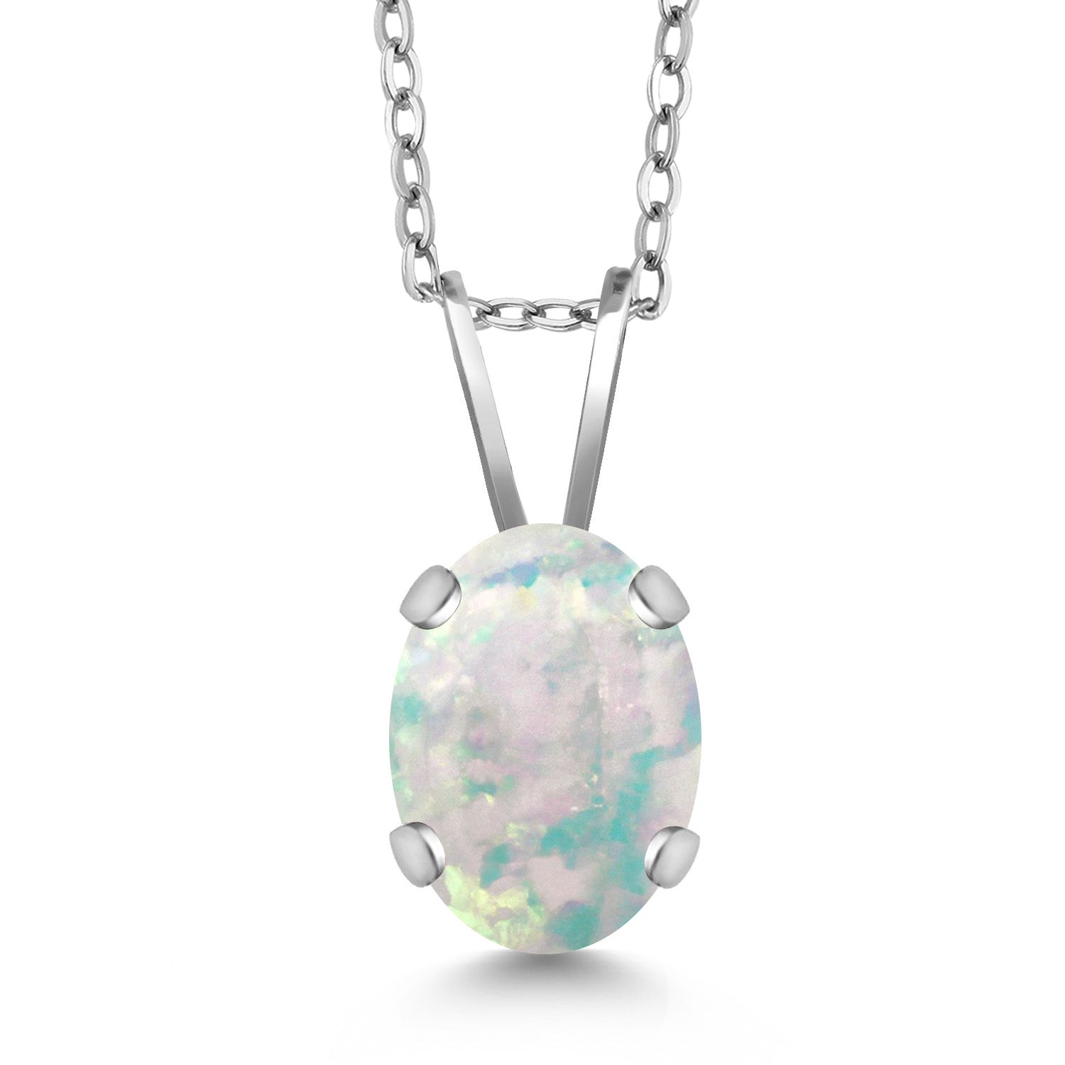 White Simulated Opal-Cabochon - October_Necklace in 14K White Gold