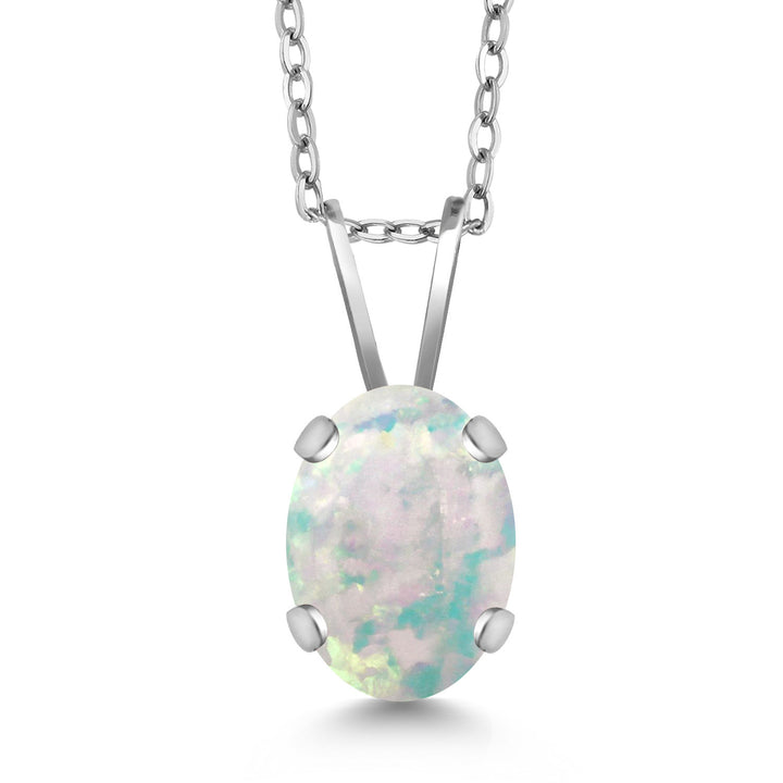 White Simulated Opal-Cabochon - October_Necklace in 14K White Gold