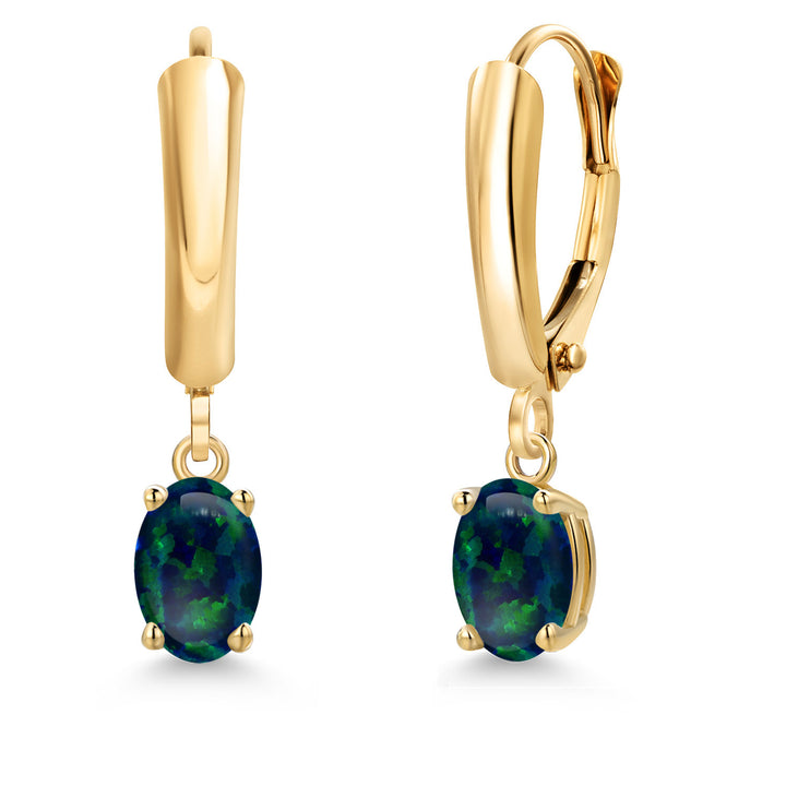 Green Simulated Opal-Cabochon - October_Earrings in 14K Yellow Gold
