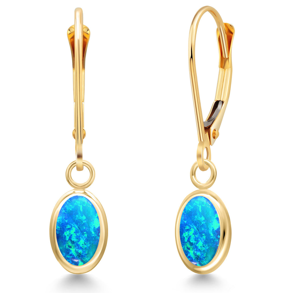 Blue Simulated Opal-Cabochon - October_Earrings in 14K Yellow Gold