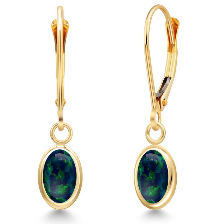 Green Simulated Opal-Cabochon - October_Earrings in 14K Yellow Gold