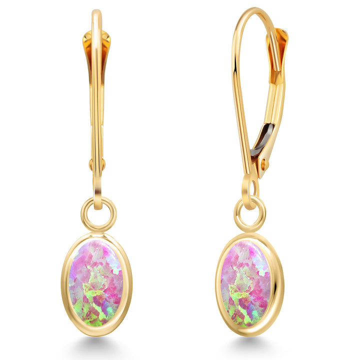 Pink Simulated Opal-Cabochon - October_Earrings in 14K Yellow Gold