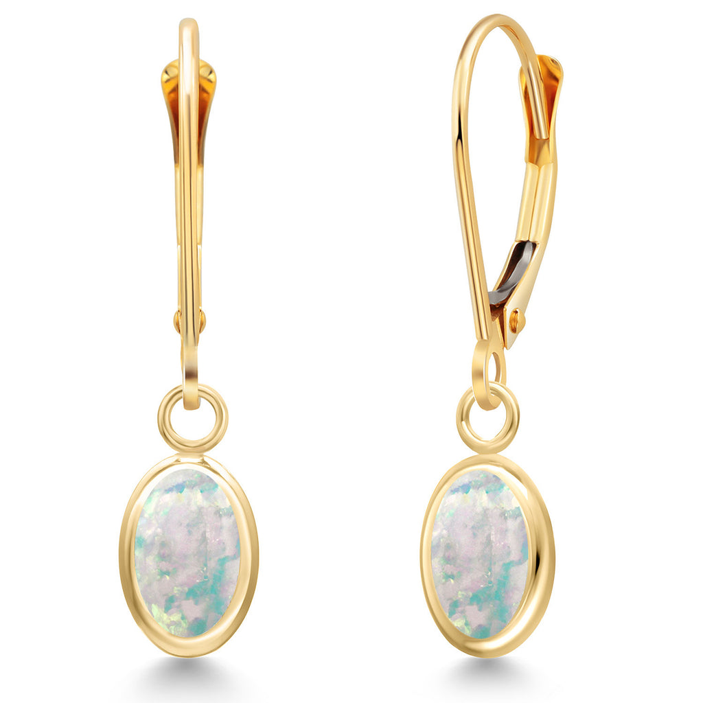 White Simulated Opal-Cabochon - October_Earrings in 14K Yellow Gold