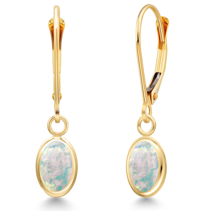 White Simulated Opal-Cabochon - October_Earrings in 14K Yellow Gold