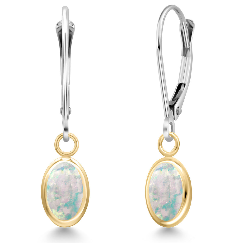 White Simulated Opal-Cabochon - October_Earrings in 14K Two Tone Gold