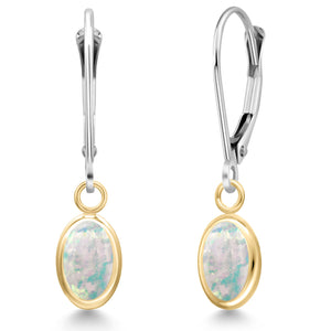 White Simulated Opal-Cabochon - October_Earrings in 14K Two Tone Gold