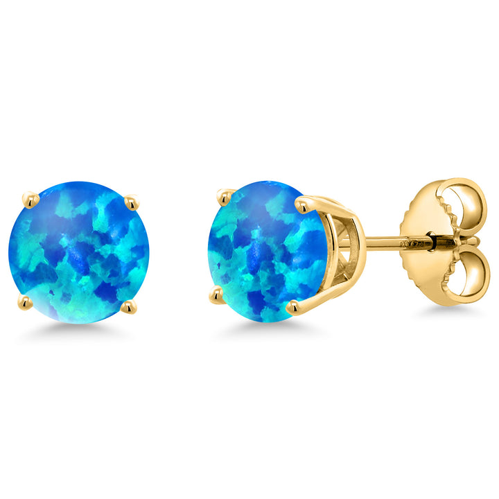Blue Simulated Opal-Cabochon - October_Earrings in 925 Yellow Gold Plated Silver