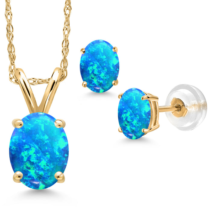 Blue Simulated Opal-Cabochon - October_Pendant Earrings Set in 14K Yellow Gold