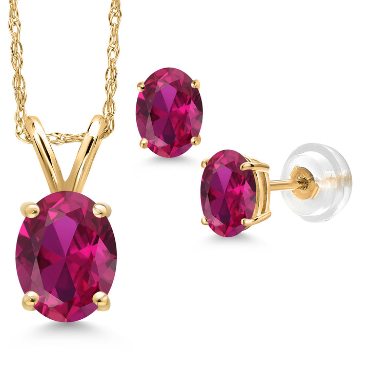 Created Ruby - July_Pendant Earrings Set in 14K Yellow Gold
