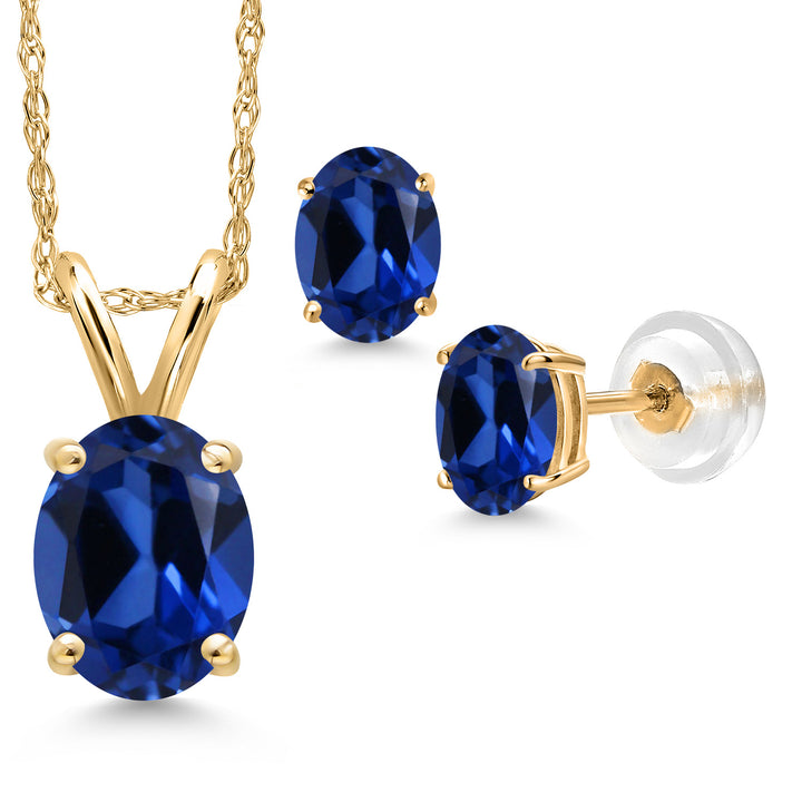 Blue Created Sapphire - September_Pendant Earrings Set in 14K Yellow Gold