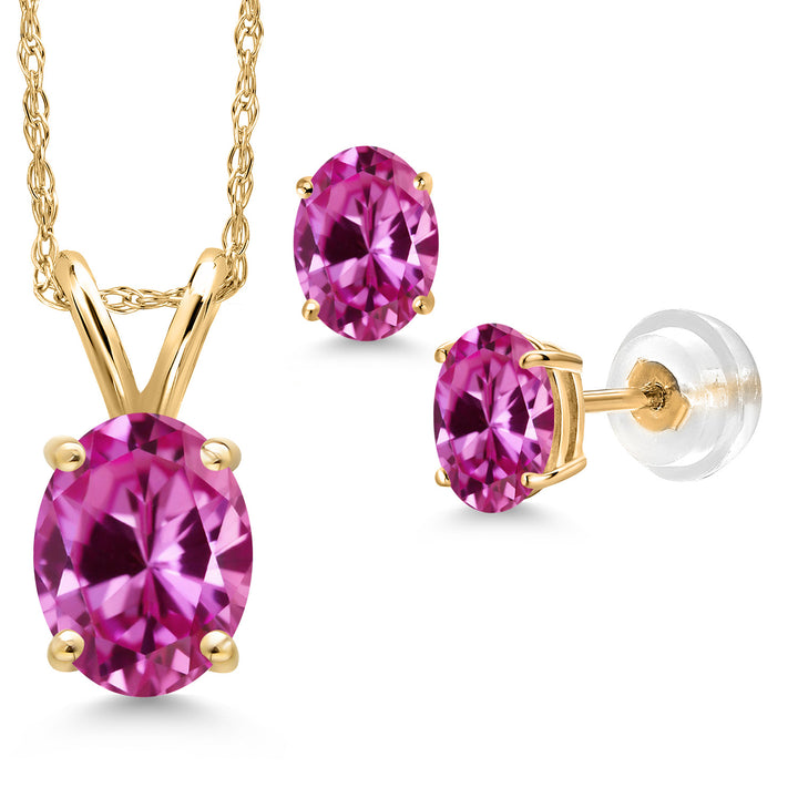 Pink Created Sapphire - September_Pendant Earrings Set in 14K Yellow Gold