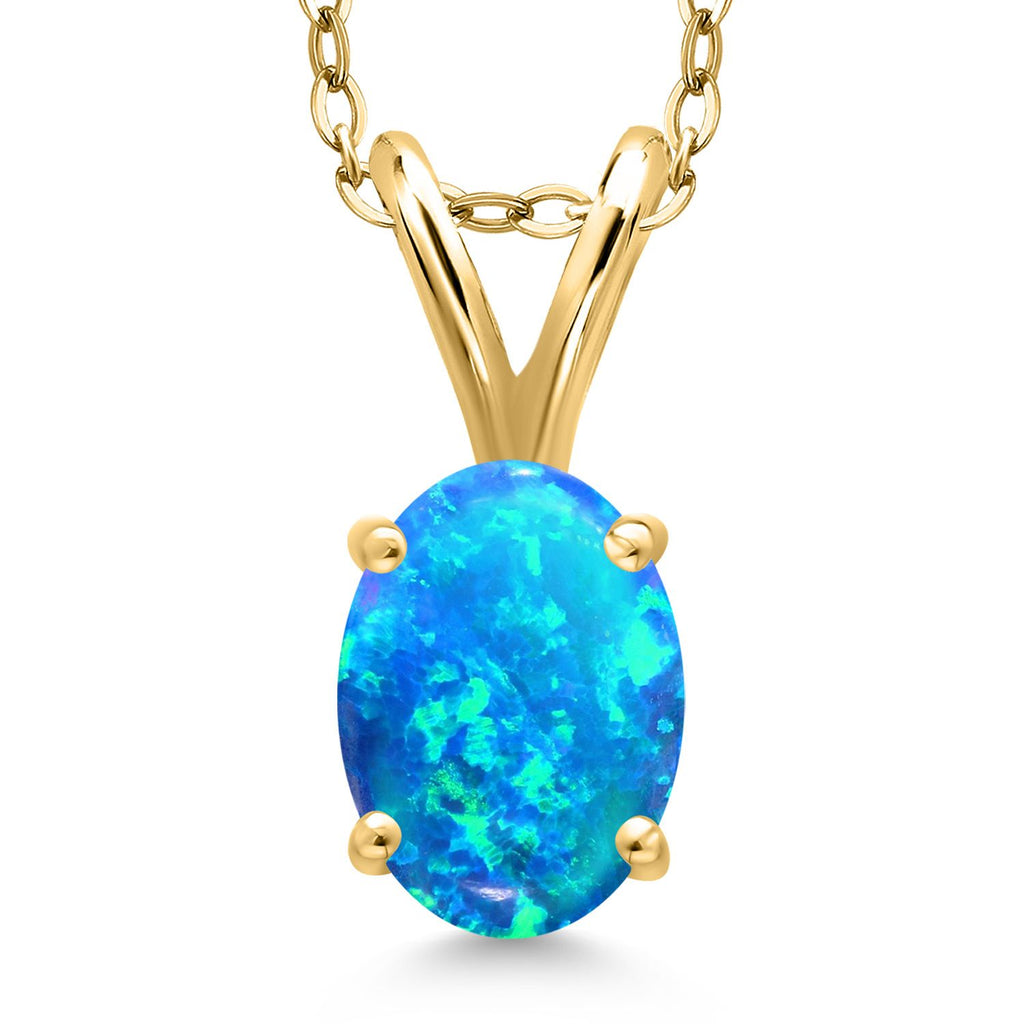 Blue Simulated Opal-Cabochon - October_Pendant in 925 Yellow Gold Plated Silver