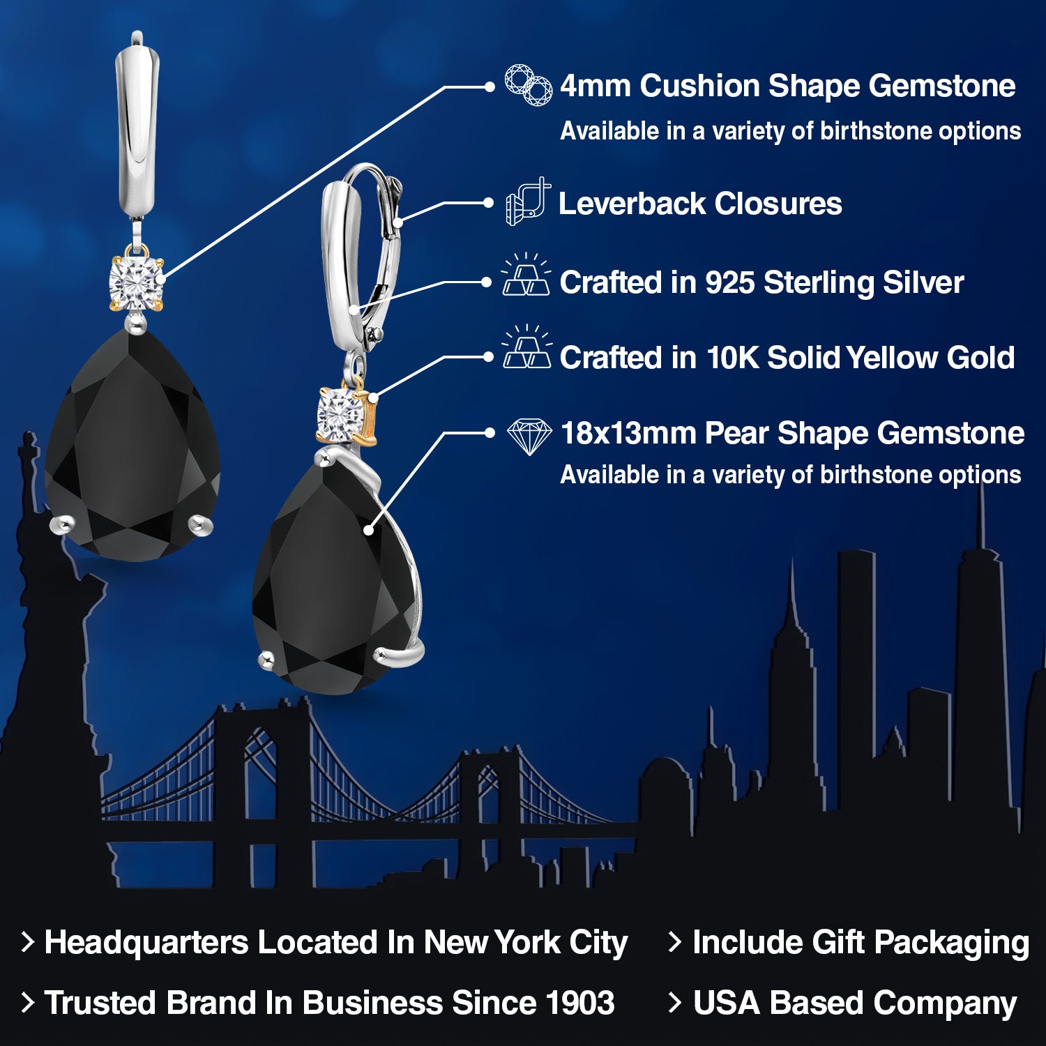 Earrings in 925 Sterling Silver and 10K Yellow Gold