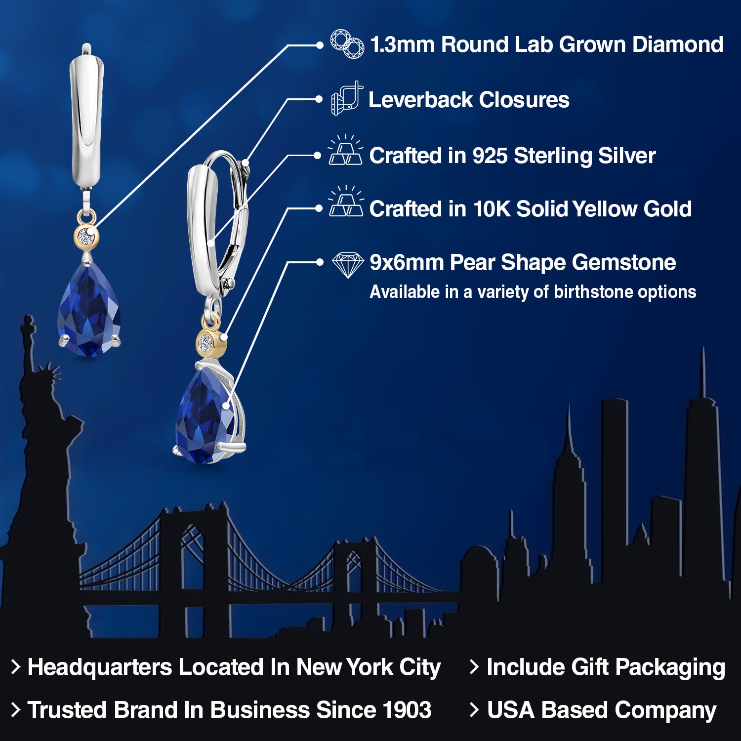 Earrings in 925 Sterling Silver and 10K Yellow Gold