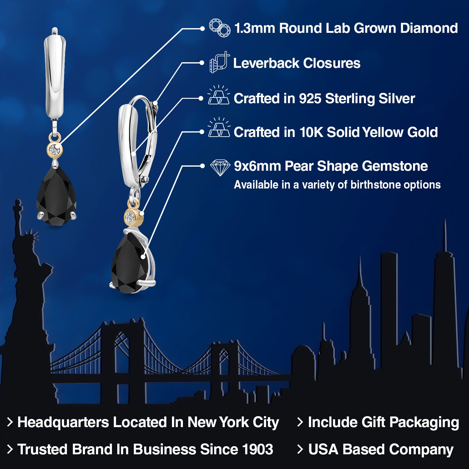 Earrings in 925 Sterling Silver and 10K Yellow Gold