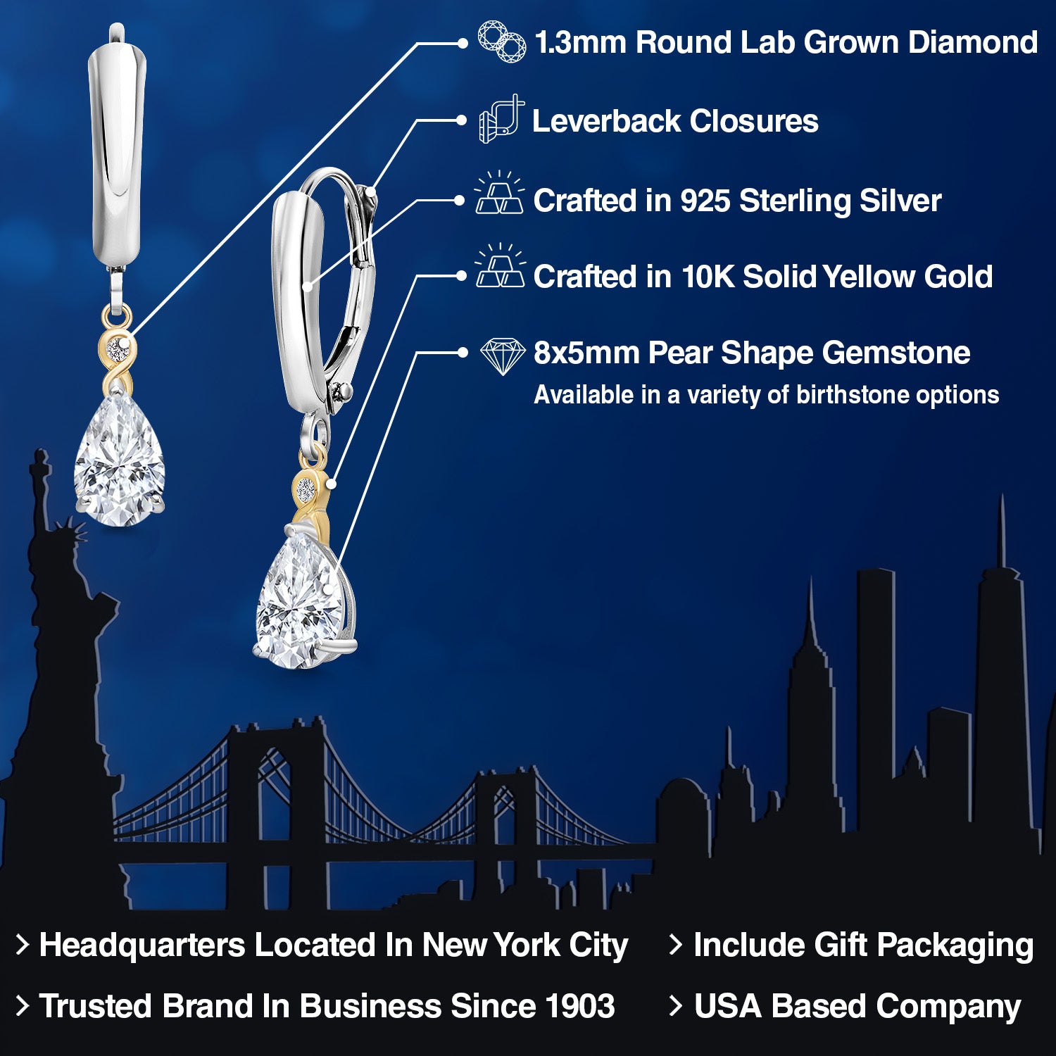 Earrings in 925 Sterling Silver and 10K Yellow Gold