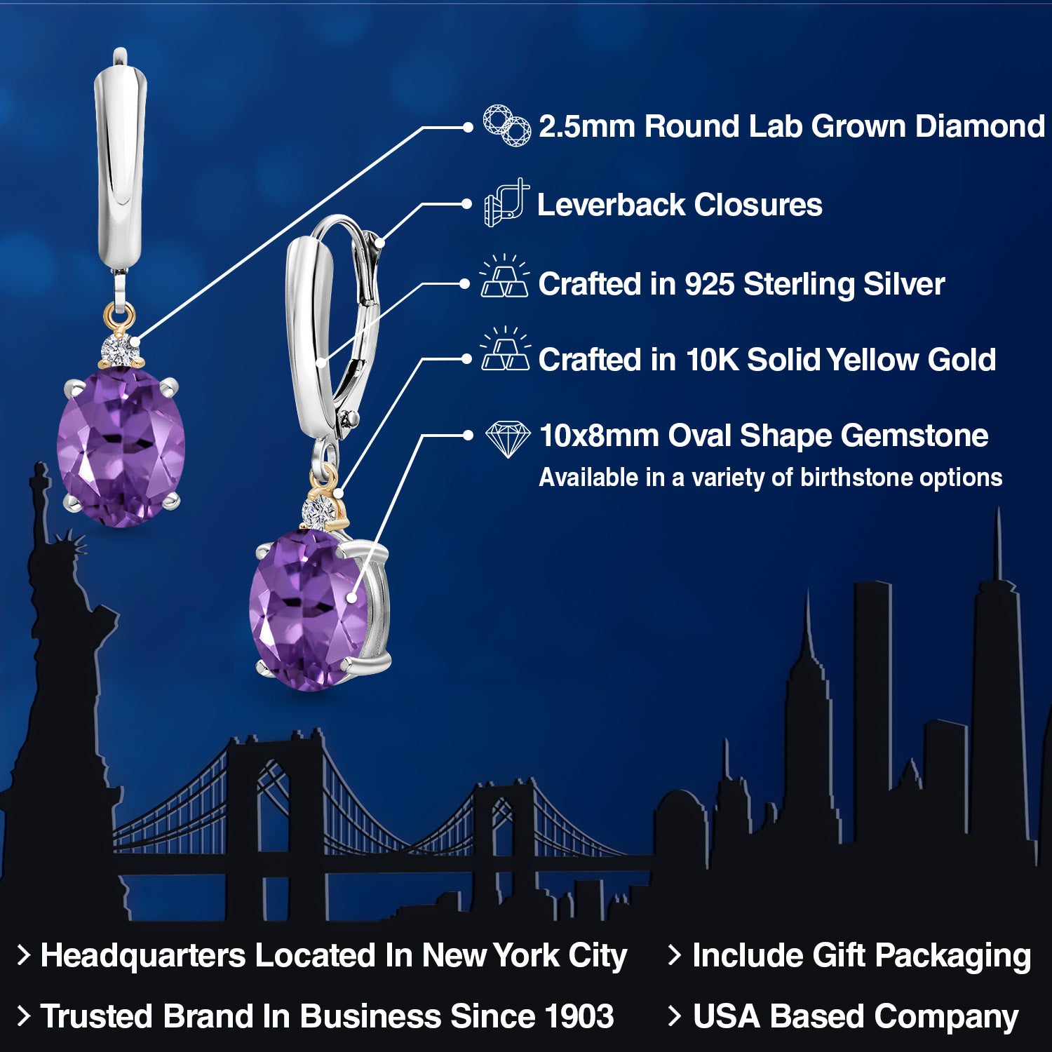 Earrings in 925 Sterling Silver and 10K Yellow Gold
