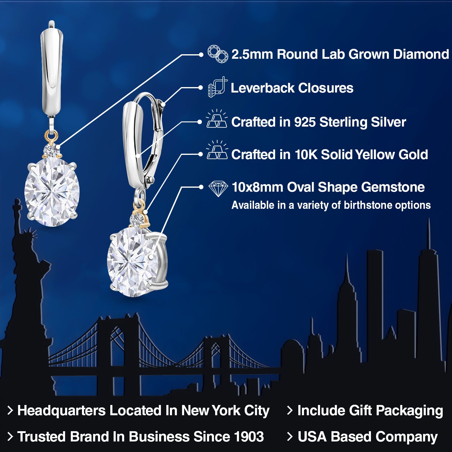 Earrings in 925 Sterling Silver and 10K Yellow Gold