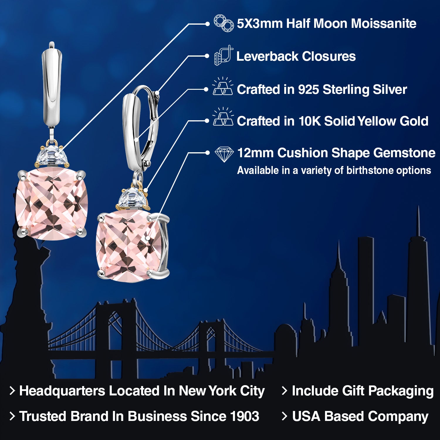 Earrings in 925 Sterling Silver and 10K Yellow Gold