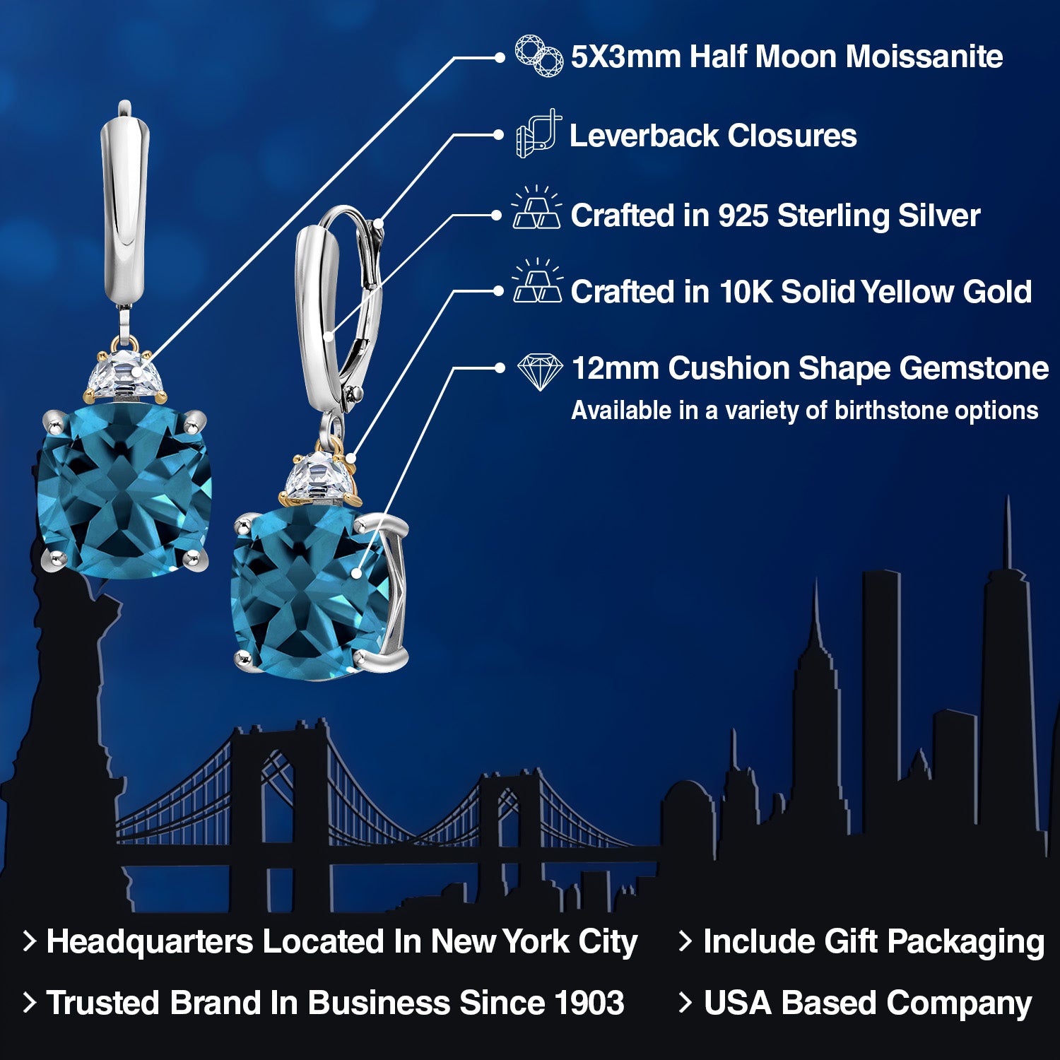Earrings in 925 Sterling Silver and 10K Yellow Gold