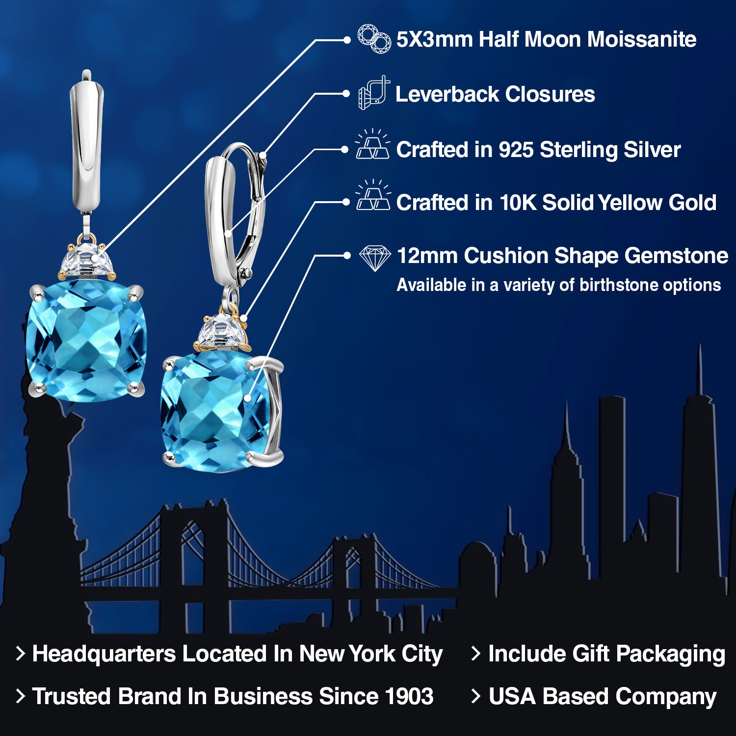 Earrings in 925 Sterling Silver and 10K Yellow Gold