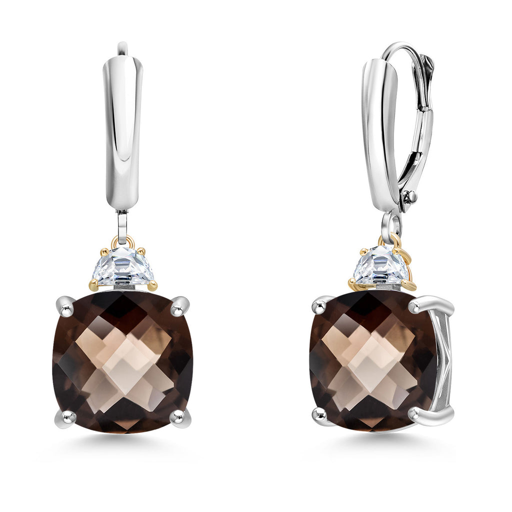 Smoky Quartz Checkerboard_Earrings in 925 Sterling Silver and 10K Yellow Gold