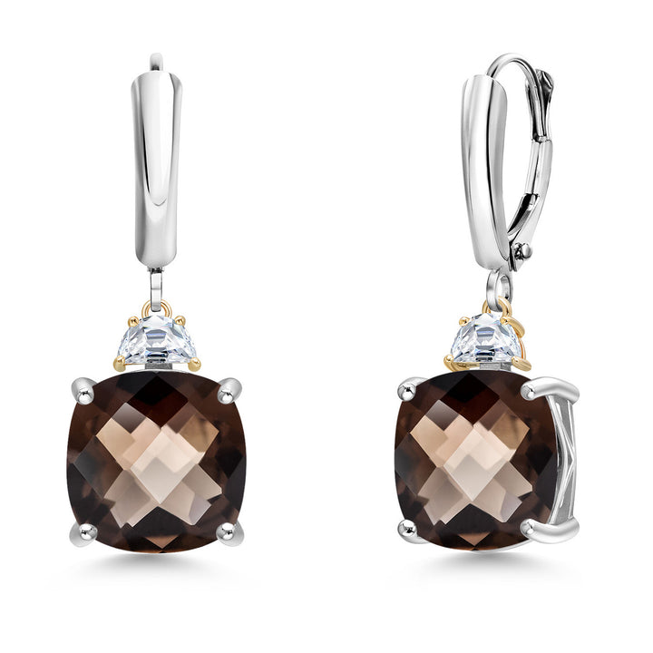 Smoky Quartz Checkerboard_Earrings in 925 Sterling Silver and 10K Yellow Gold