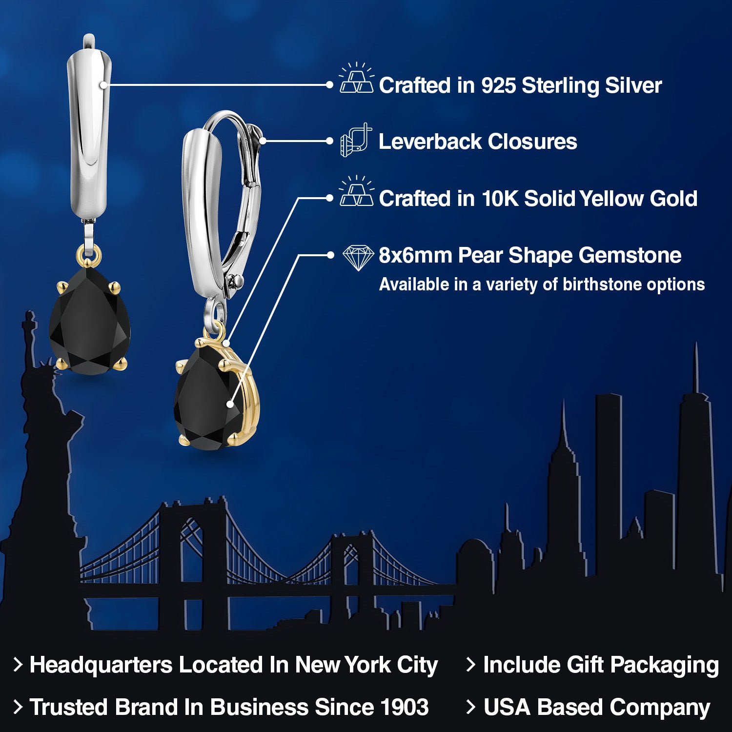 Earrings in 925 Sterling Silver and 10K Yellow Gold