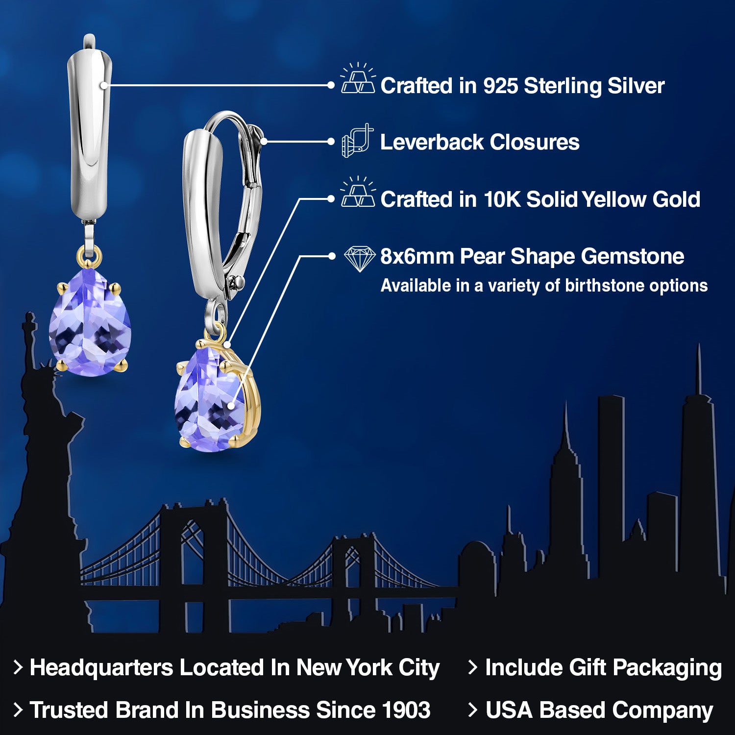 Earrings in 925 Sterling Silver and 10K Yellow Gold