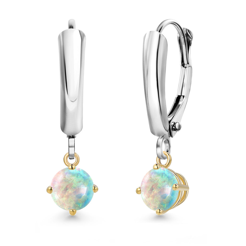 White Simulated Opal_Earrings in 925 Sterling Silver and 10K Yellow Gold