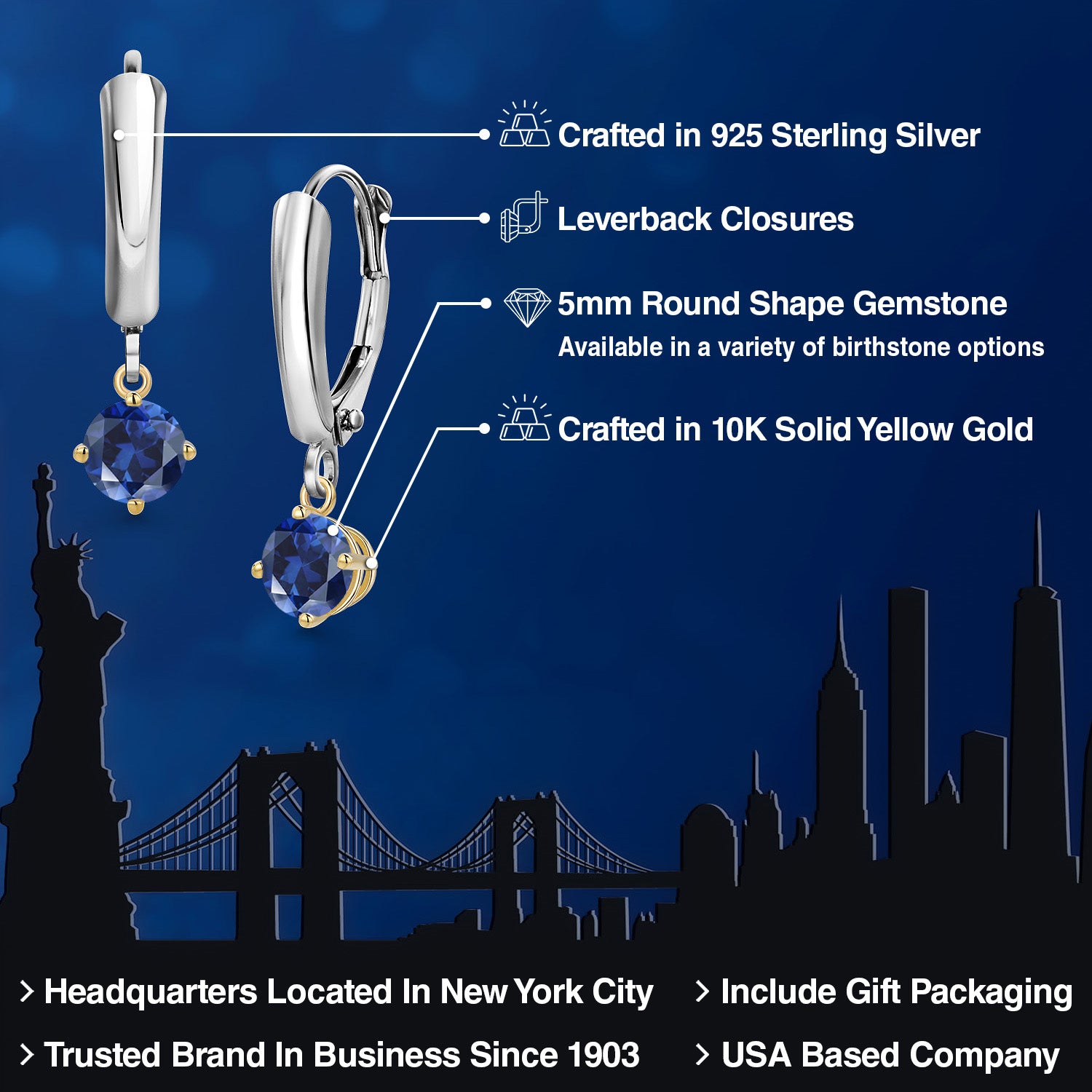 Earrings in 925 Sterling Silver and 10K Yellow Gold