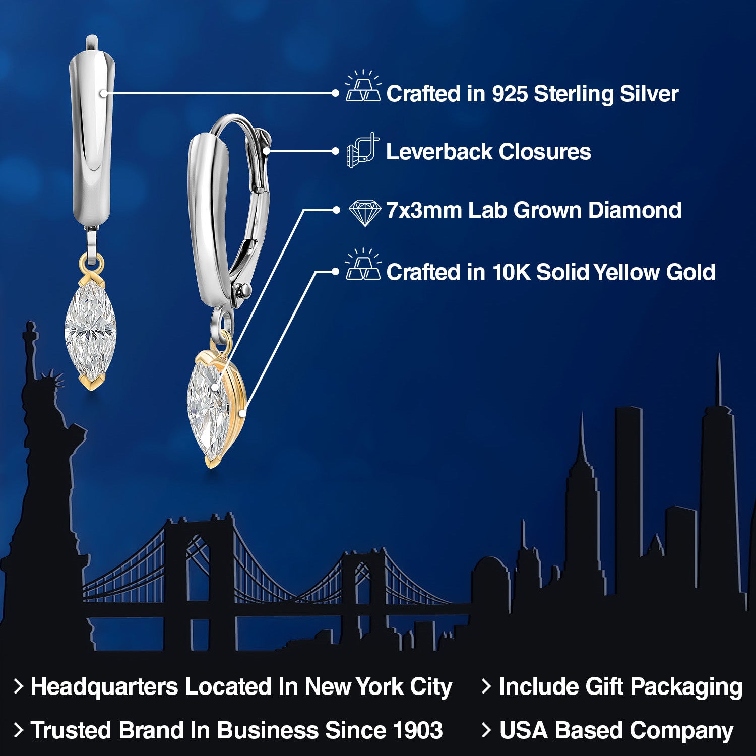 Earrings in 925 Sterling Silver and 10K Yellow Gold