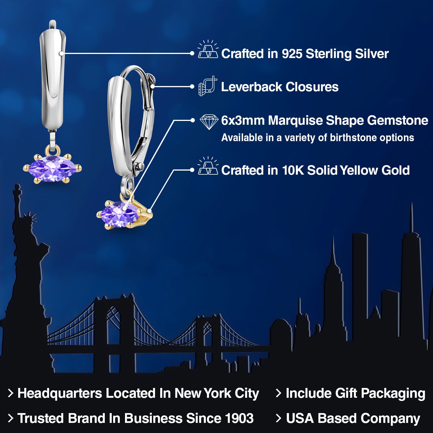 Earrings in 925 Sterling Silver and 10K Yellow Gold