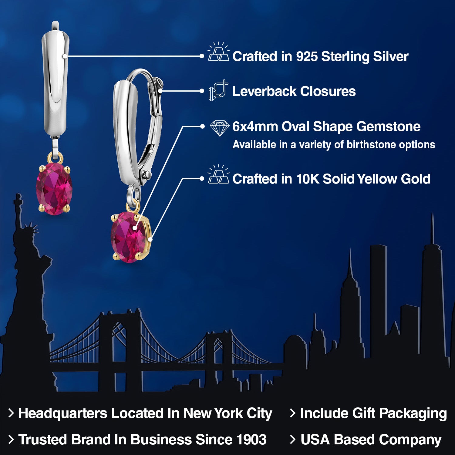 Earrings in 925 Sterling Silver and 10K Yellow Gold