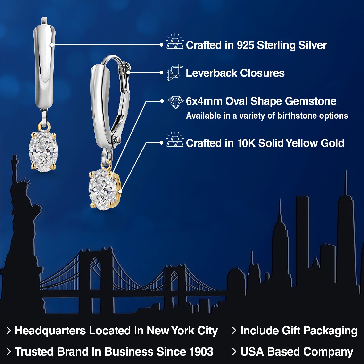Earrings in 925 Sterling Silver and 10K Yellow Gold