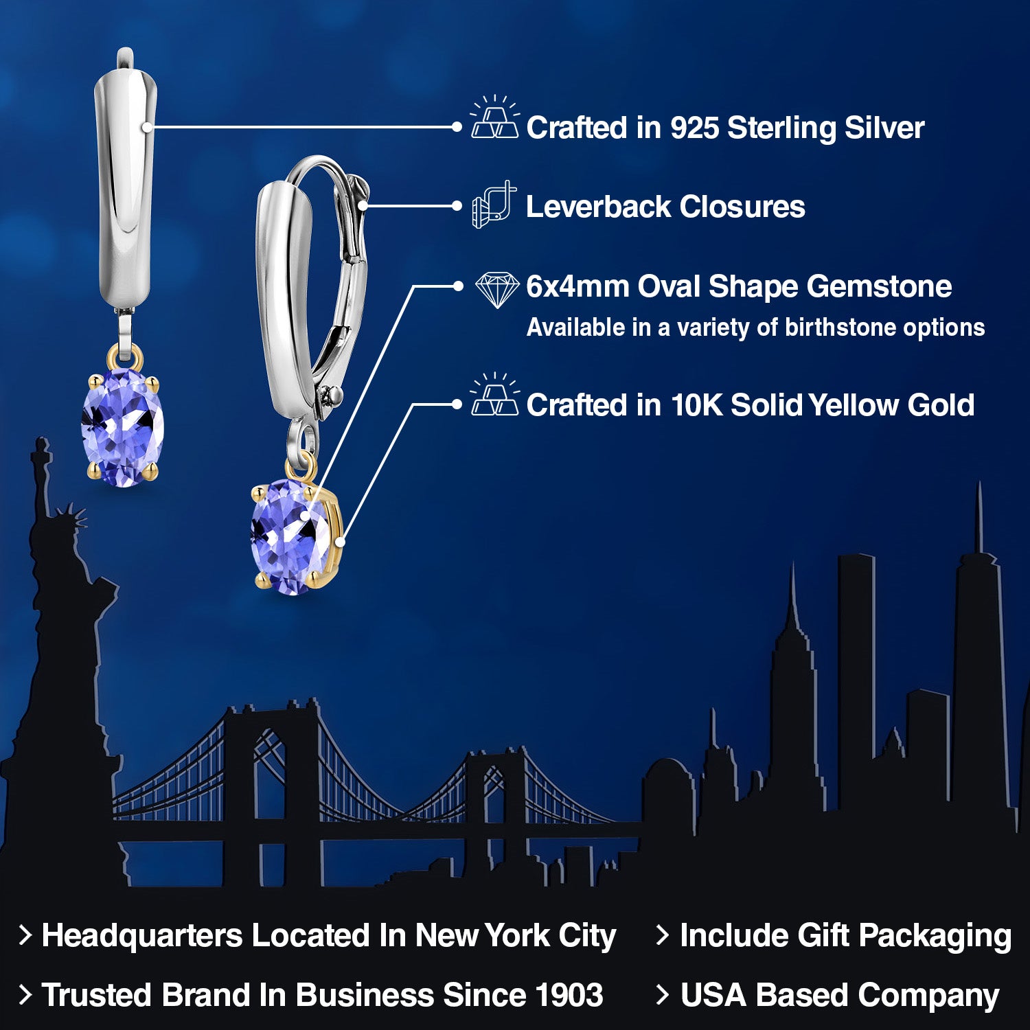 Earrings in 925 Sterling Silver and 10K Yellow Gold