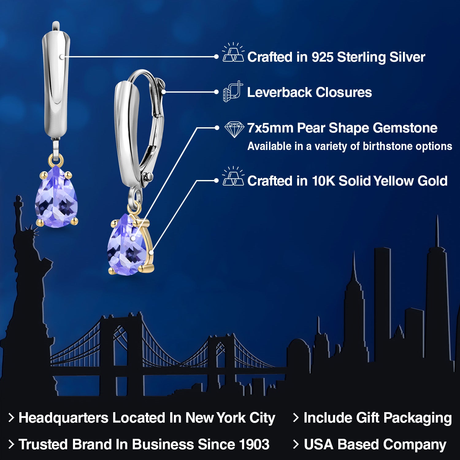 Earrings in 925 Sterling Silver and 10K Yellow Gold