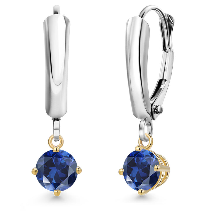 Blue Created Sapphire_Earrings in 925 Sterling Silver and 10K Yellow Gold