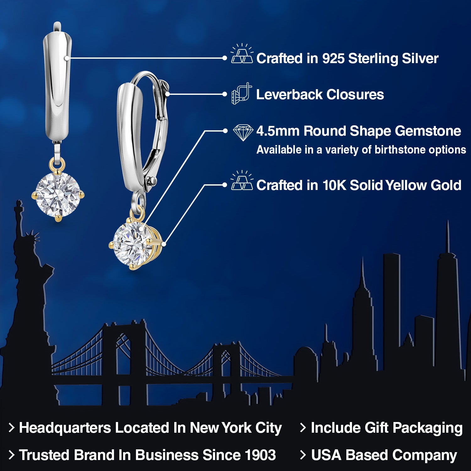 Earrings in 925 Sterling Silver and 10K Yellow Gold