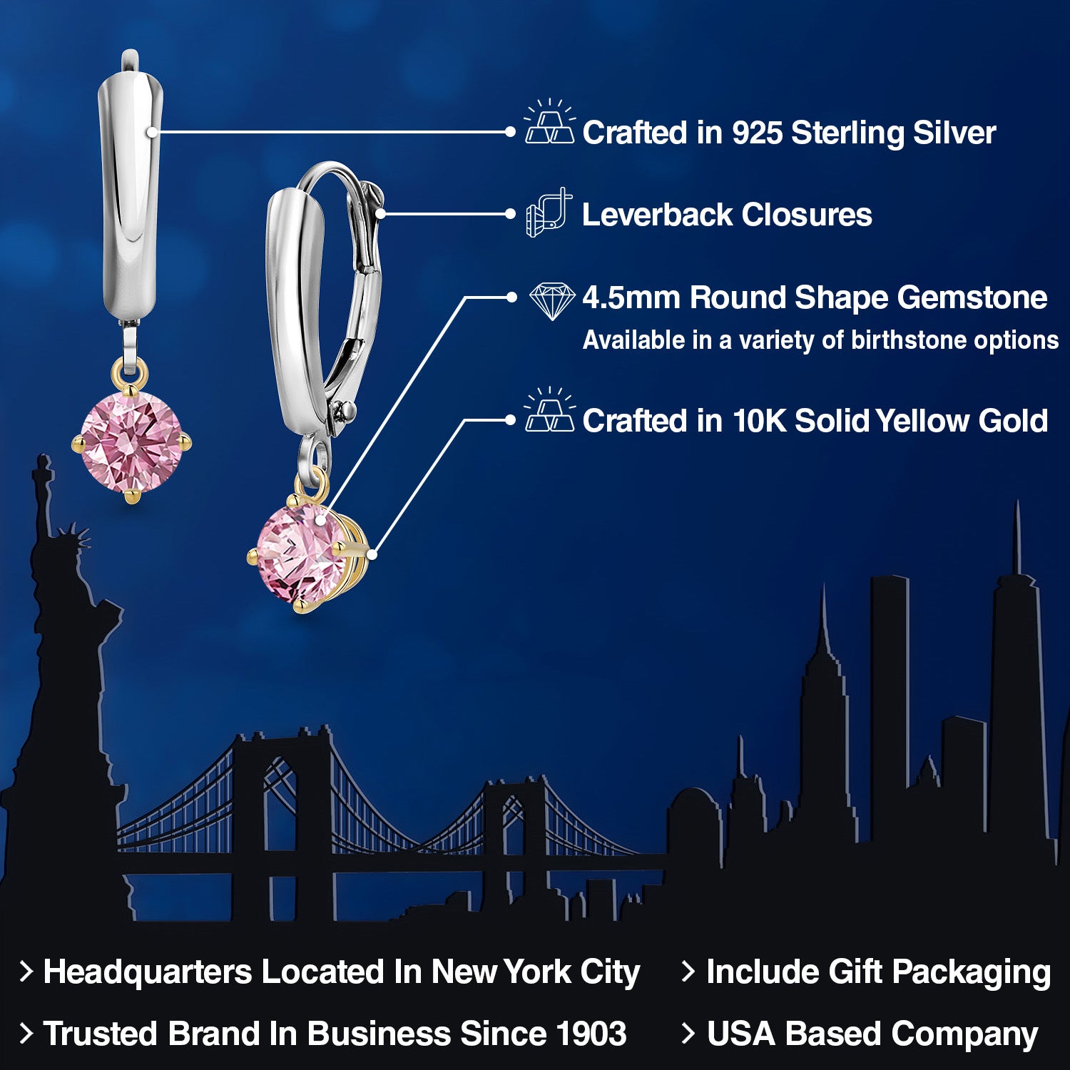 Earrings in 925 Sterling Silver and 10K Yellow Gold