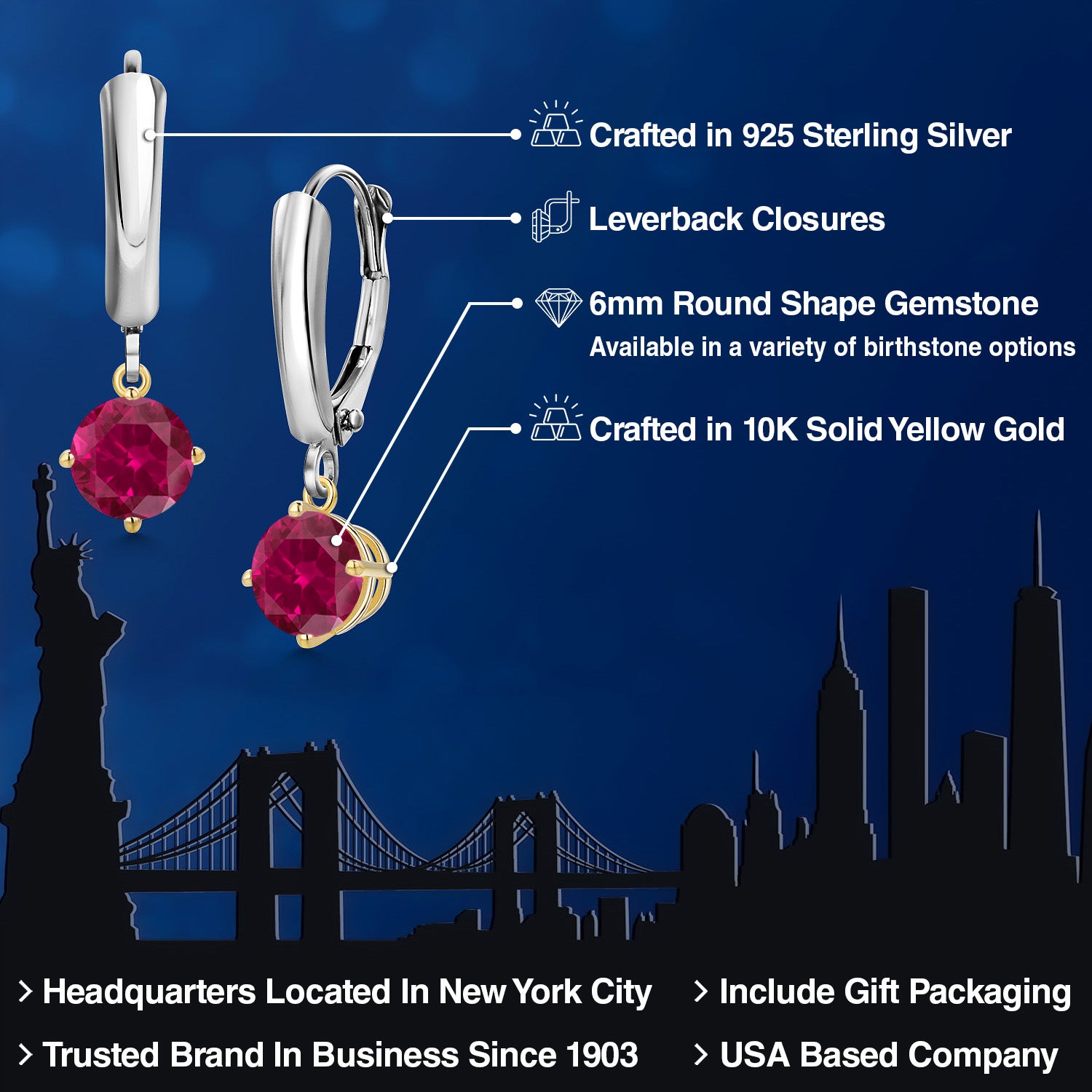 Earrings in 925 Sterling Silver and 10K Yellow Gold