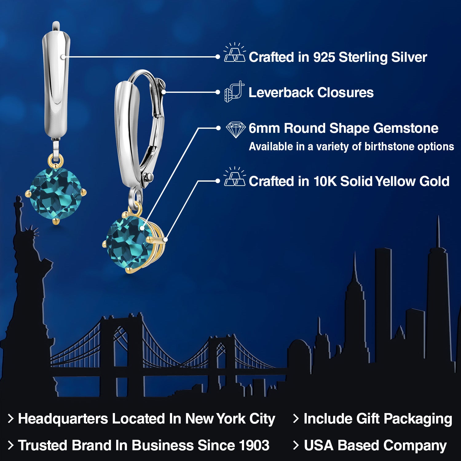 Earrings in 925 Sterling Silver and 10K Yellow Gold