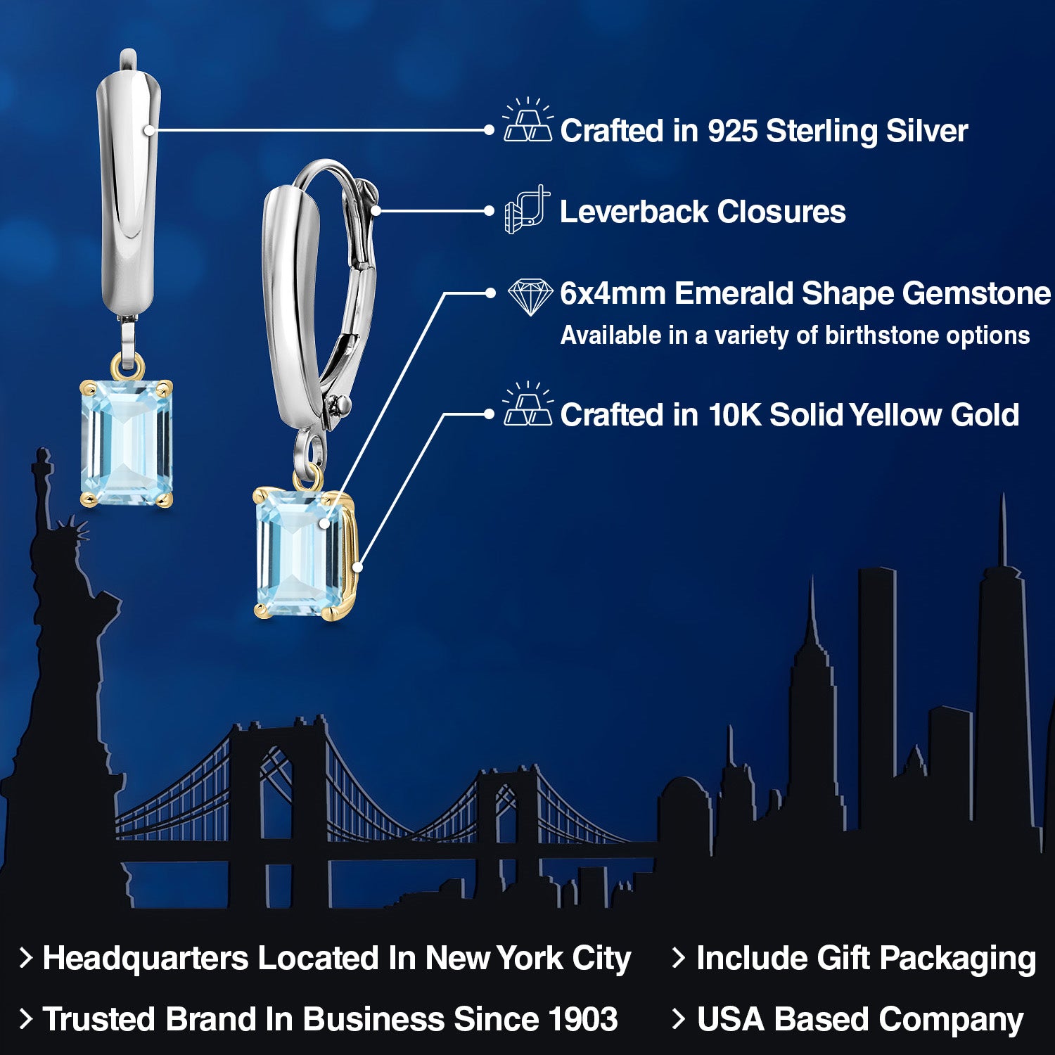 Earrings in 925 Sterling Silver and 10K Yellow Gold