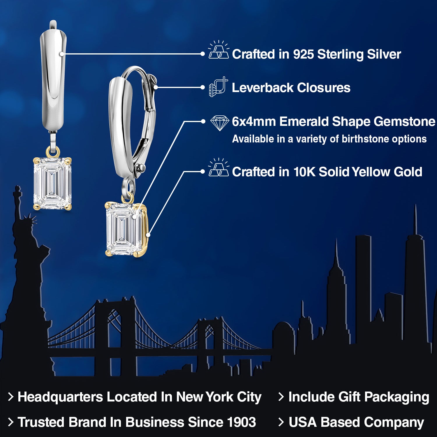 Earrings in 925 Sterling Silver and 10K Yellow Gold