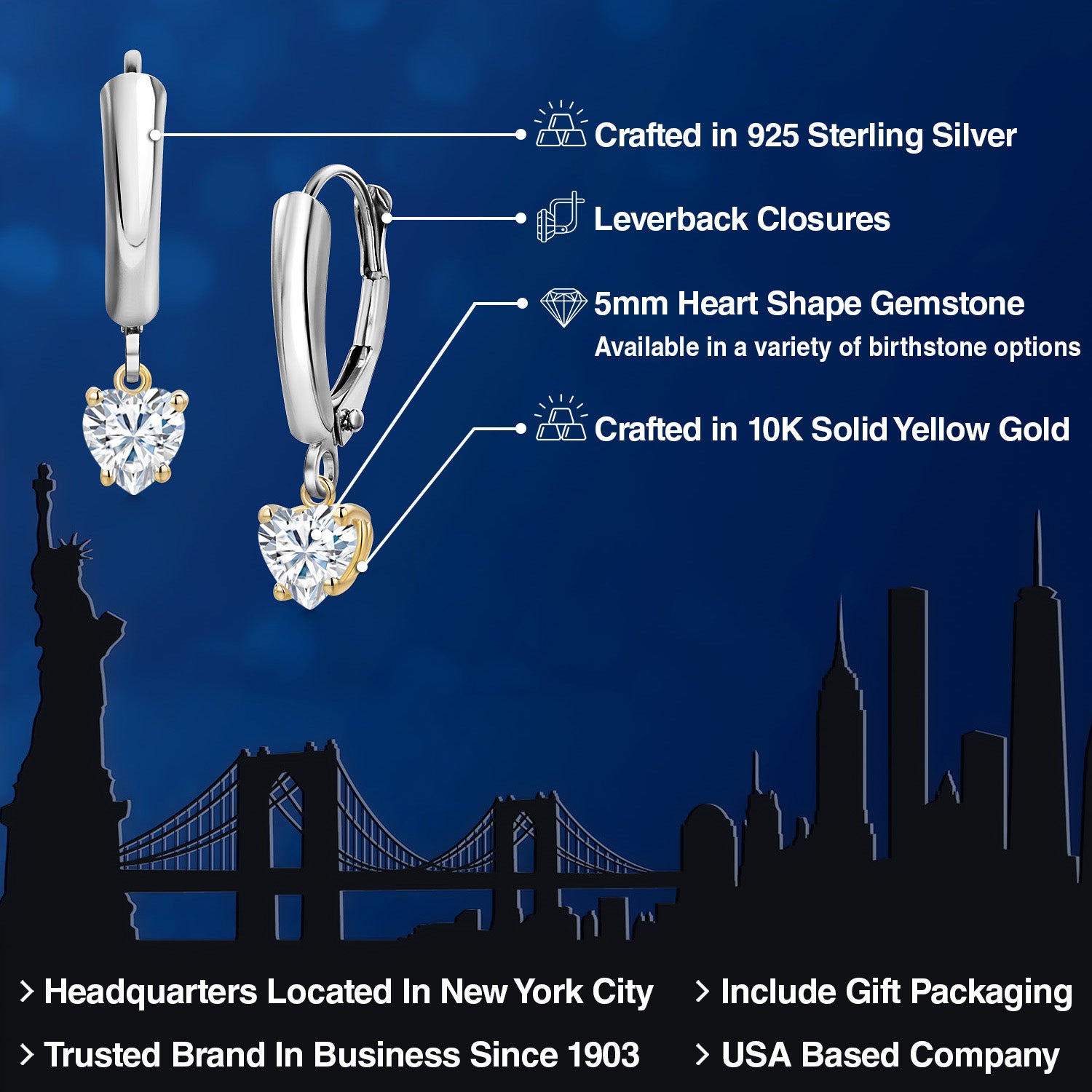 Earrings in 925 Sterling Silver and 10K Yellow Gold